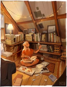 a woman sitting on the floor in front of a bookshelf filled with books