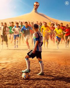 a group of men playing soccer in front of a large group of people on the beach