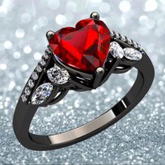 Sterling Silver Heart Shaped Red Crystal Ring Black And Red Promise Ring, Black And Red Engagement Ring, Halloween Wedding Rings, Black And Red Rings, Gothic Wedding Ring, Red Engagement Ring, Red Crystal Ring, Couples Rings, Gothic Engagement Ring