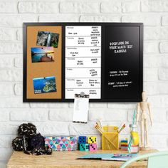 a bulletin board on the wall next to a chair and desk with various items in front of it