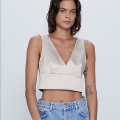 Nwt Zara Satin Crop Top Size S Brand New No Flaws Back Zipper Enclosure Chic Beige Zara Crop Top, Elegant Zara V-neck Crop Top, Elegant V-neck Crop Top By Zara, Classy Wardrobe, Satin Crop Top, Wimbledon, Zara Tops, Crop Top, Zara