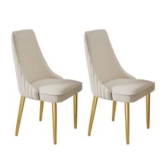 two white chairs with gold legs are facing each other in front of a white background