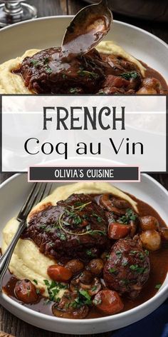 french coq au vin with potatoes and gravy in a white bowl on a wooden table