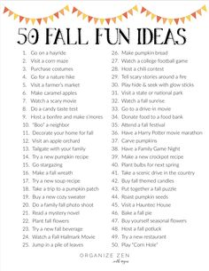 the 50 fall fun ideas list is shown with an orange and white banner above it