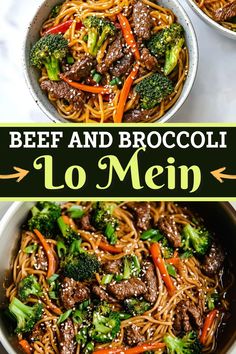 beef and broccoli lo mein in two bowls