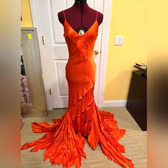 Roberto Cavalli 100% Silk Orange Flutter Cut-Out Runway Gown, Size S. Sleeveless Floor-Length V-Neck With Asymmetical Hem. Some Slight Imperfections As Shown In Images. Missing Hook From Top Hook And Eye. Straps Have Been Shortened But Can Be Let Back Out. Silk Fitted Maxi Dress For Red Carpet, Fitted Orange Silk Maxi Dress, Runway Gowns, Orange Dress, Roberto Cavalli, Orange Red, Floor Length, Cut Out, Fashion Inspo