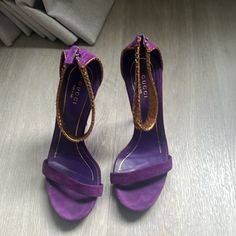 Worn Several Times But Still In Good Condition! Purple Suede With Gold Strap And Heel Designer Purple Leather Heels, Designer Purple Open Toe Heels, Luxury Purple Open Heel Heels, Luxury Purple Evening Heels, Luxury Purple Pointed Toe Heels, Designer Open Heel Purple Heels, Designer Purple Open Heel Heels, Designer Purple Heels For Party, Shoes Gucci