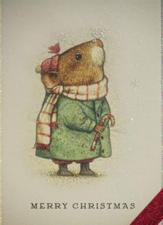 a christmas card with a brown bear wearing a green coat and scarf holding a candy cane