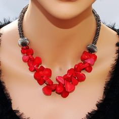 Red coral statement necklace beaded genuine italian coral | Etsy Unique Red Coral Beaded Necklace As Gift, Unique Red Necklaces For Valentine's Day, Red Bib Necklace As Gift, Elegant Red Bib Necklace, Red Coral Necklace, Chunky Statement Necklace, Artisan Gift, Cluster Necklace, Coral Necklace