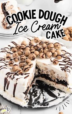 there is a cake with chocolate chips on it and the words cookie dough ice cream cake