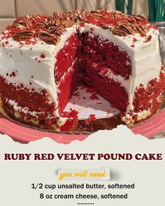 a red velvet pound cake with white frosting and pecans