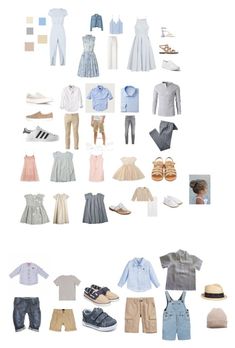 an assortment of clothes and shoes arranged in the shape of a rectangle on a white background