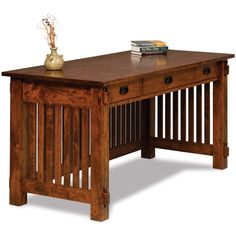 a wooden desk with two drawers and a vase on it's end table next to a stack of books