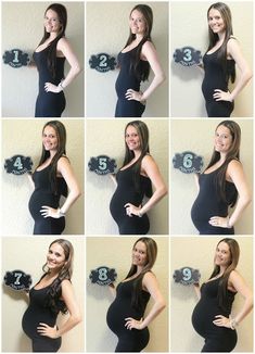 a pregnant woman poses for pictures in her black dress