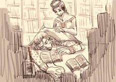 a drawing of a woman reading a book while sitting on a bed next to a man