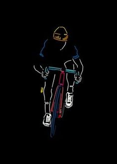 a man riding a bike in the dark with his helmet on and gloves hanging off