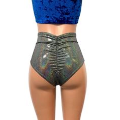 Our classic high waist hot pants with scrunch ruching detail in back to offer a "cheekier" look. These hot pants are made of stretchy gleaming silver holographic spandex and sit high on your natural waist. Wear as a bikini bathing suit bottom, panties, rave shorts, running shorts, etc. They have a built in liner and are made to be flattering to your figure. Metallic Shiny Stretch Bottoms, Metallic Shiny Bottoms For Club, Fitted Shiny Metallic Bottoms, Fitted Metallic Shiny Bottoms, Silver Fitted Bottoms For Club, Iridescent Disco Bottoms For Party, Fitted Silver Bottoms For Club, Metallic Stretch Disco Shorts, Fitted Disco Shorts For Club