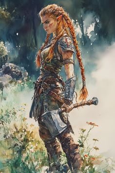 Vylkaen Aeloss stands in a simple shirt with the sleeves rolled up, revealing powerful forearms covered in scars and burns. She is tall, with big muscles and broad shoulders. Red hair is braided into battle braids like the northerners, and there are small silver rings and earrings in short half-elven ears. She has a war hammer hanging from her belt. A frowning face with sad eyes is covered with sc... Battle Braids, Small Silver Rings, Fighter Dnd, Character Showcase, Frowning Face, Elven Ears, Circus Characters, Female Elf, Fantasy Heroes