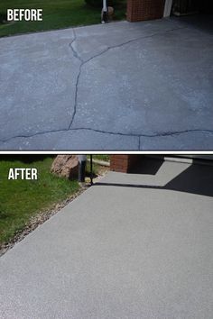 before and after photos of an asphalt driveway