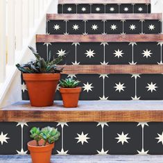 three potted plants sitting on the steps in front of a stair case with black and white stars