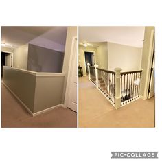 before and after pictures of a home's staircase