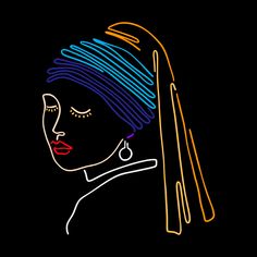 a drawing of a woman with a colorful hairdo and earrings on it's head