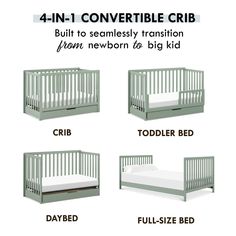 the baby crib has four different types of bedding for each child's size