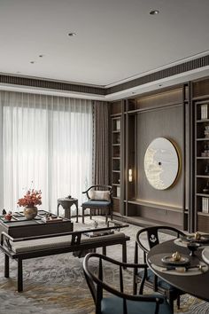 a living room filled with furniture next to a window