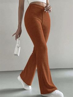 Women Casual Plain Ribbed Flare Pants Coral Orange Casual   Polyester Plain Flare Leg Medium Stretch  Women Clothing, size features are:Bust: ,Length: ,Sleeve Length: Pantalon Naranja Outfits, Outfit Uni, Ribbed Flares, Curvy Leggings, Jumpsuit Outfit, Winter Pants, Ideas Outfit, Bootcut Pants, Women Pants