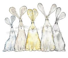 three rabbits are sitting next to each other in front of a white card with the words happy easter written on it