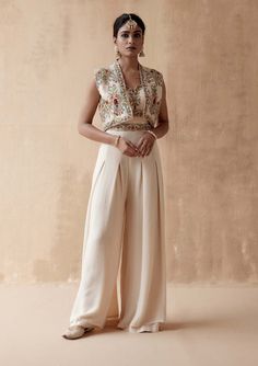 Aman Takyar-Ivory Floral Embroidery Jumpsuit And Jacket-INDIASPOPUP.COM Ethnic Jumpsuit Indian Wedding, Indian Jumpsuit Outfit With Jacket, Ethnic Jumpsuit Indian, Wedding Semi-stitched Palazzo Set With Intricate Embroidery, Jumpsuit With Dupatta, Jumpsuit Outfit With Jacket, Jumpsuit And Jacket, Jumpsuit With Jacket, Embroidery Jumpsuit