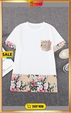 White Sequins Accent Floral Splicing Tee White Short Sleeve T-shirt With Splicing, White Spliced Short Sleeve T-shirt, White Spliced T-shirt For Spring, Spring Cotton T-shirt With Splicing, Casual White Tops With Floral Patchwork, White Cotton Tops With Floral Patchwork, Leopard Satin Dress, Sequin Patch, Spaghetti Strap Maxi Dress