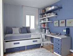 a bedroom with a bed, desk and bookshelf in the corner is shown