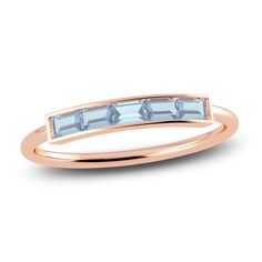 A sleek row of five baguette-cut natural aquamarine gemstones modernizes this striking bar style ring from the Juliette Maison™ collection. Fashioned in 10K rose gold, the bezel set stones make a bold but elevated statement with its minimal design. Thick Gold Wedding Band, Baguette Wedding Band, Jared The Galleria Of Jewelry, Bar Ring, Bar Styling, Aquamarine Ring, Aquamarine Gemstone, Baguette Cut, Dream Ring