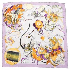 White and multicolor silk fairy print scarf by Prada. 35" width, 35" length. Prada Collection, Burberry Classic, Neck Bow, Designer Scarves, Nylon Bag, Silk Scarves, Italian Fashion, Scarf Print, Womens Scarves