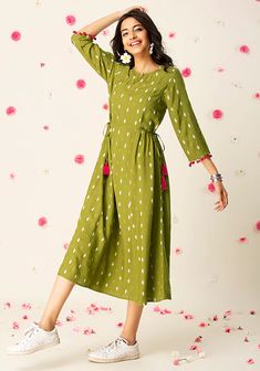 Buy Women Olive Khadi Side Tie A-Line Tunic - Kurta & Tunics - Indya A Line Kurta, Western Tops, Ikat Print, Kurta Designs, Fashion Sale, Ethnic Fashion, Everyday Wardrobe, Indian Dresses