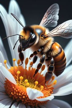 two bees sitting on top of a white and yellow flower with one flying towards the camera