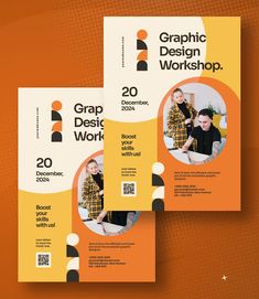 two flyers for graphic design workshop on an orange background