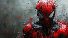 a spider man with red paint splattered on his face