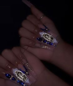 Blue Gold Nails, Acrylic Nail Designs Classy, Rave Nails, Long Acrylic Nail Designs, Blue Acrylic Nails, Glamour Nails