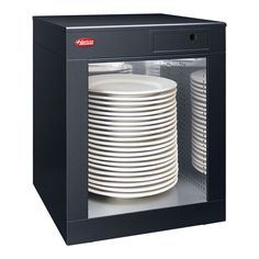 a stack of white plates in a black cabinet with the door open to show it's contents