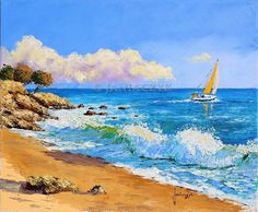 a painting of a sailboat in the ocean