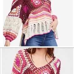 Brand New Free People Sweater! Super Cute Detailing Bohemian Chunky Knit Tops For Fall, Bohemian Chunky Knit Tops For Spring, Casual Long Sleeve Crochet Top In One Size, Casual Long Sleeve Crochet Top One Size, Casual One Size Long Sleeve Crochet Top, Bohemian Textured Knit Crochet Top For Fall, Casual Pink Crochet Top For Fall, Winter Bohemian Textured Crochet Top, Bohemian Textured Crochet Top For Winter