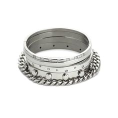 The Vigorous Stack, a five-piece silver bangle set featuring various styles with cubic zirconia accents. Bracelets 2022, Staple Jewelry, Odd Things, Braided Ring, Crystal Bangle, Casual Jewelry, Fashion Diva, Coin Ring, Stacked Bangles