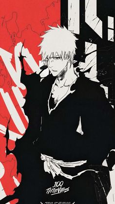 an anime character is standing in front of a red and black background with his hands on his hips