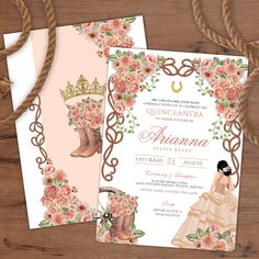 an image of a wedding card with flowers and cowboy boots on the front, along with rope