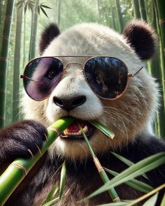 a panda bear wearing sunglasses and eating bamboo