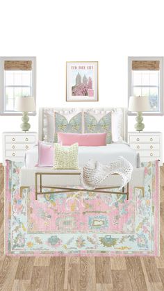 a bedroom with white furniture and pink accents