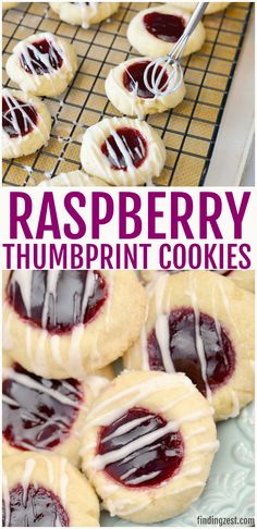 raspberry thumbprint cookies on a cooling rack with the title text overlay