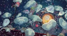 an animated scene with jellyfishs floating in the water